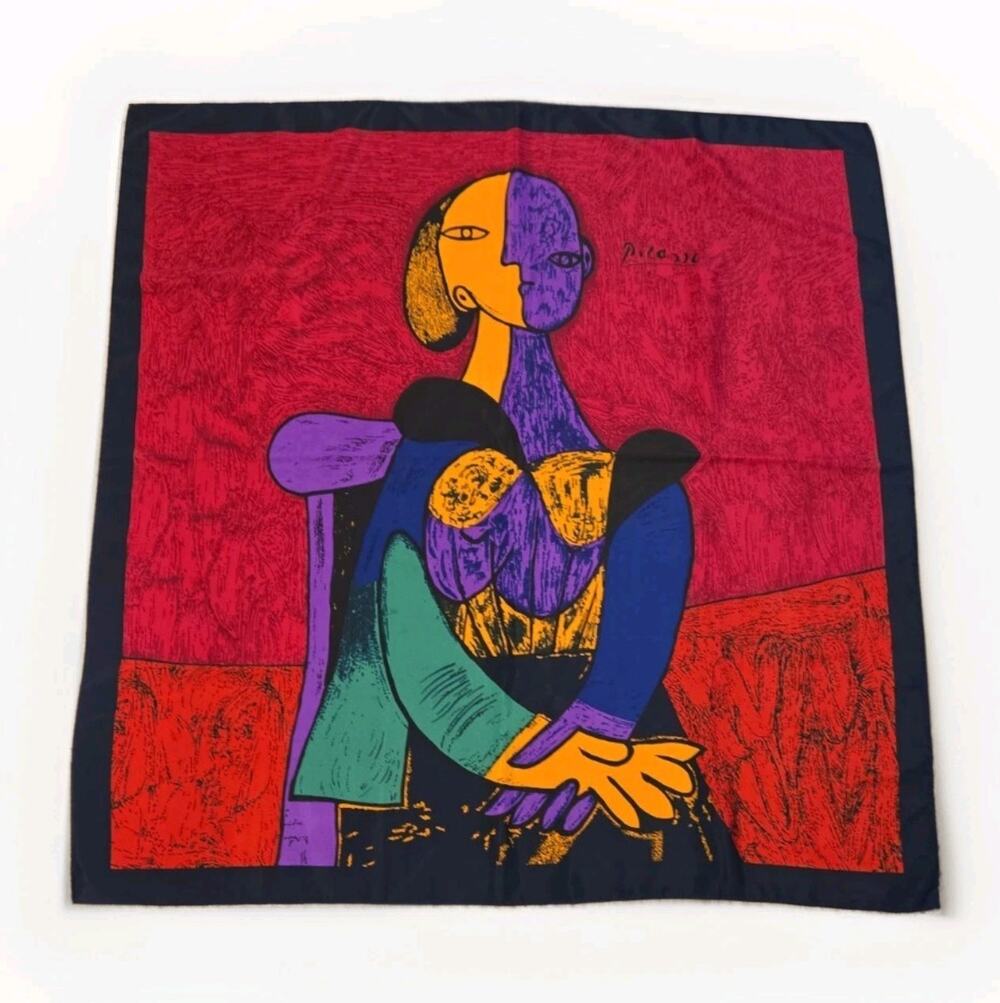 Vintage Picasso Femme Assise Silk Scarf 34x35 Made in Italy Cubist Art